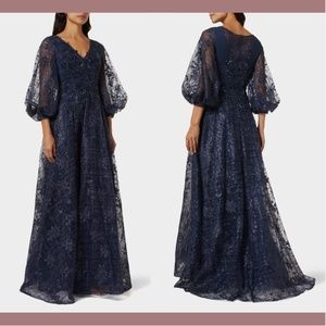 NWT‎ Mac Duggal [ 18 ] Embellished Plunge Neck Puff Sleeve A-Line Gown Blue